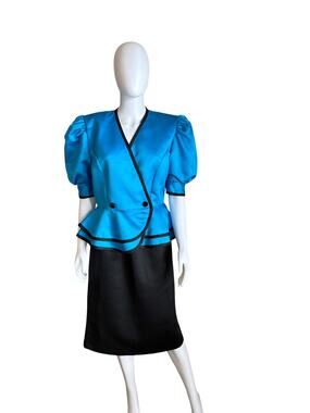 Vintage Blue Satin Peplum Blazer & Black Skirt Suit Set